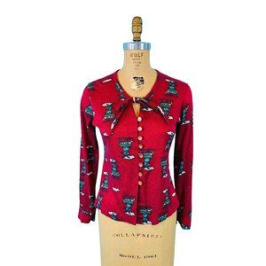 Vintage 70s Novelty Top Womens Small Printed Windmill Maroon Keyhole Blouse